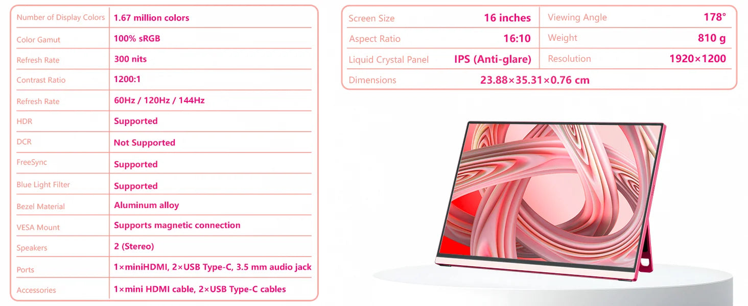 16 inch 2.5K 144Hz Portable Gaming Monitor,2560x1600 100% sRGB HDR FreeSync ,Ultra Slim w/Kickstand , Blue Light External Screen