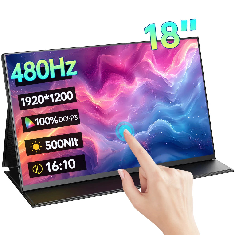 18 Inch 1.5K 480Hz Portable Monitor 100%DCI-P3 500Nit HDR 1MS FreeSync IPS Screen Gaming Display For Laptop PC XBox PS4/5 Switch