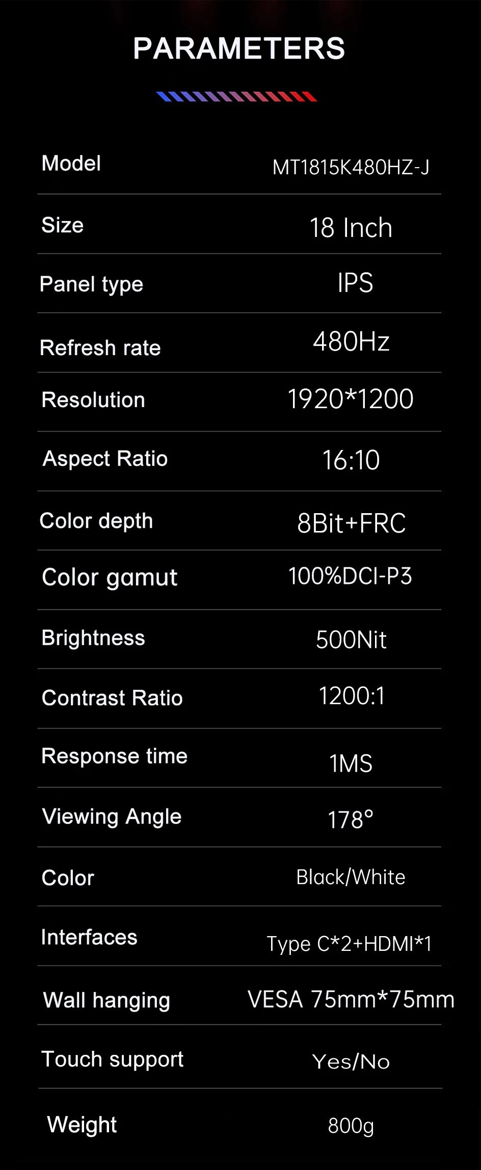 18 Inch 1.5K 480Hz Portable Monitor 100%DCI-P3 500Nit HDR 1MS FreeSync IPS Screen Gaming Display For Laptop PC XBox PS4/5 Switch