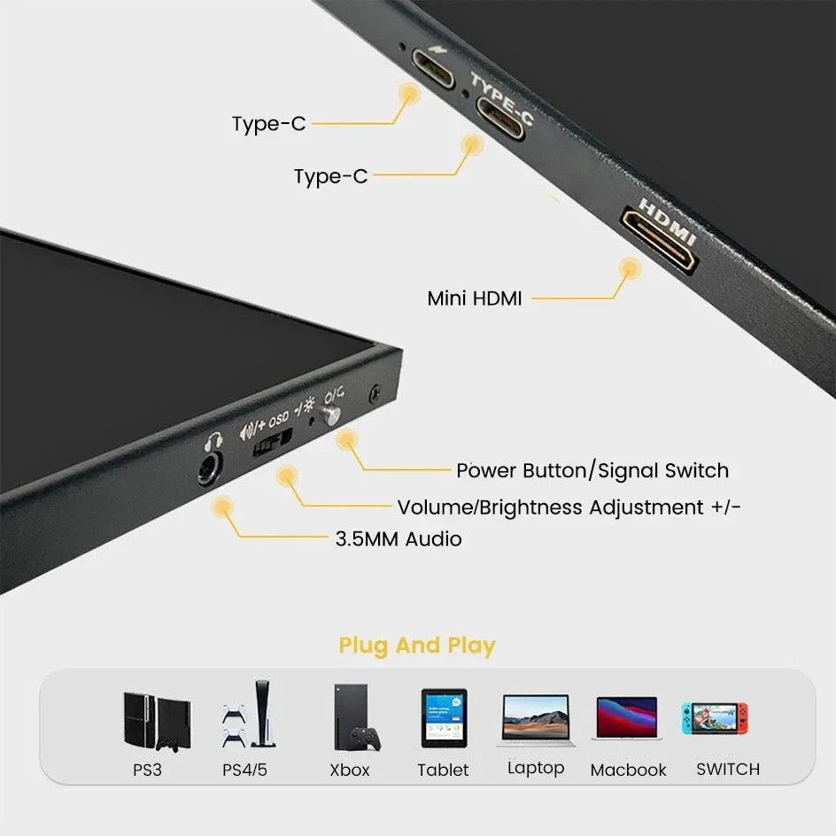 18 Inch 1.5K 480Hz Portable Monitor 100%DCI-P3 500Nit HDR 1MS FreeSync IPS Screen Gaming Display For Laptop PC XBox PS4/5 Switch