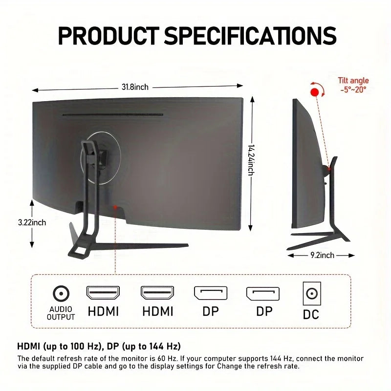 A 34-inch ultra-large curved gaming monitor with 4K HD picture quality, a 165Hz high refresh rate, and a 1500R curvature.