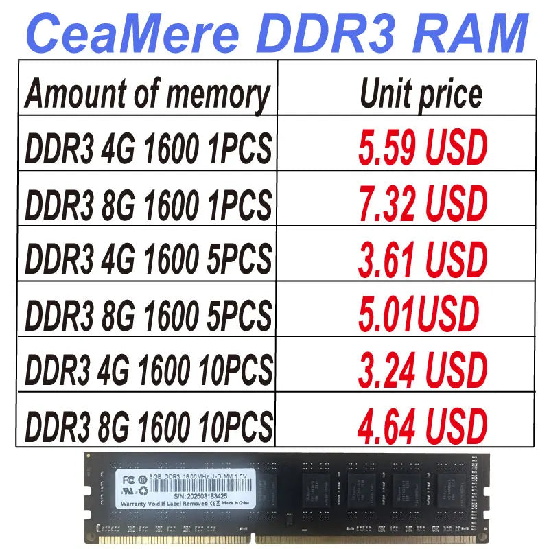 CeaMere DDR3 memoriam 1~50 PCS desktop computer universal memory card, DDR3 4G, 8G 1333Mhz, 1600Mhz, 240pin ram PC RAM wholesale