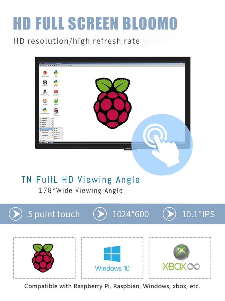 Portable Monitor gamer10.1 inch HD LCD (H) Computer Second 1024*600 LCD Display for PC Capacitive Touch Screen Raspberry Pi