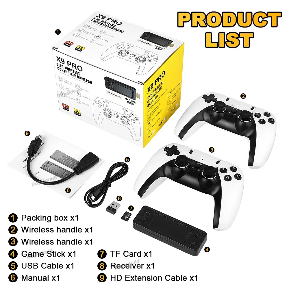NEW 256G 50000+ Game X9 PRO Game Stick 4KHD Video Game Console 2.4G Double Wireless Controller 50+ Simulator For N64/PSP/PS1/GBA