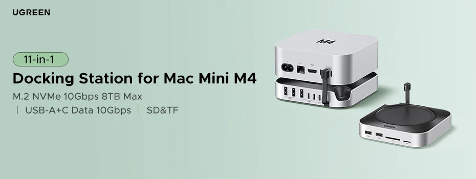 UGREEN Mac Mini Docking Station USB HUB Type-C to DP 4K240Hz M.2 NVMe SSD Slot 10Gbps USB-A Splitter SD&TF 3.5MM for Mac Mini M4
