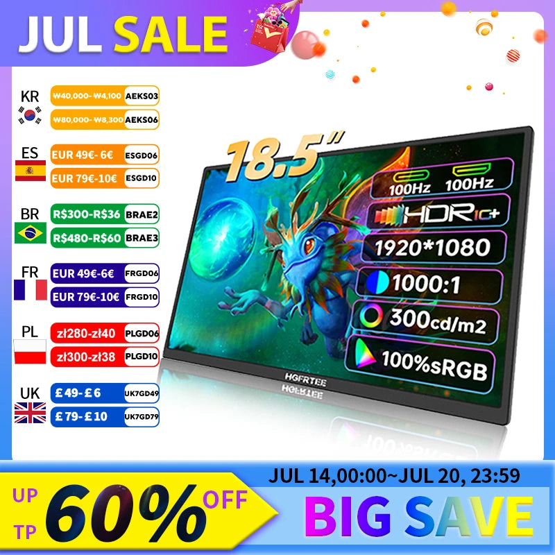 HGFRTEE 18.5inch Portable Monitor ADS-IPS 100Hz RGB100% Extended Display Laptop Second Screen With VESA Hole&Stand