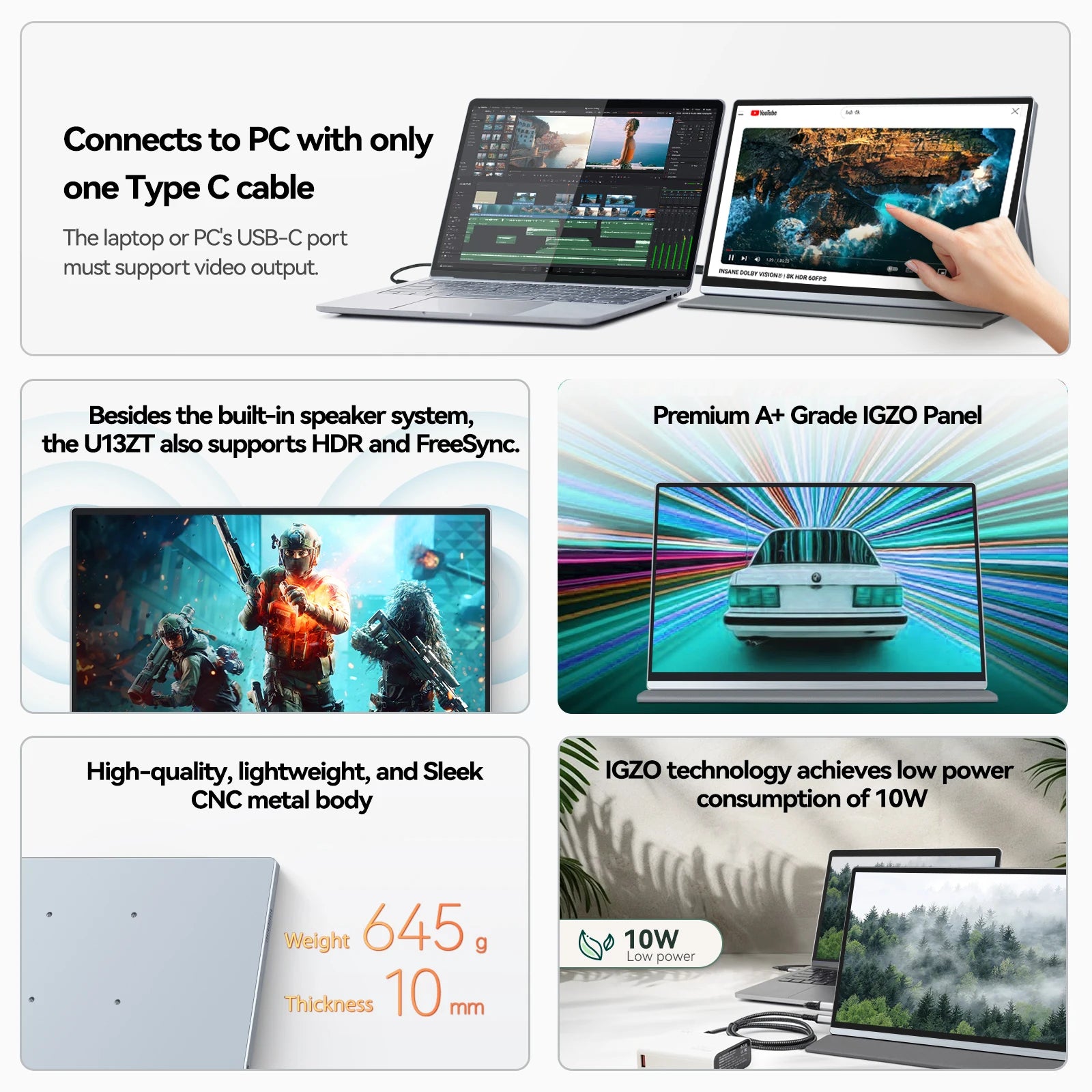 Intehill 13.4 Inch 4K Touch Screen Portable Monitor 3840*2400 500nits 100% sRGB U13ZT For XBox PS4/5 Switch Laptop PC Extension
