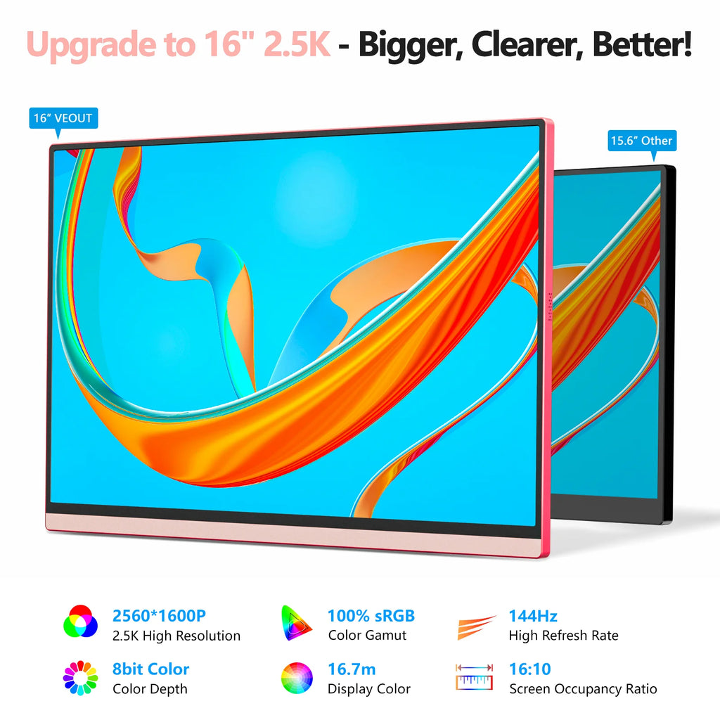 16 inch 2.5K 144Hz Portable Gaming Monitor,2560x1600 100% sRGB HDR FreeSync ,Ultra Slim w/Kickstand , Blue Light External Screen