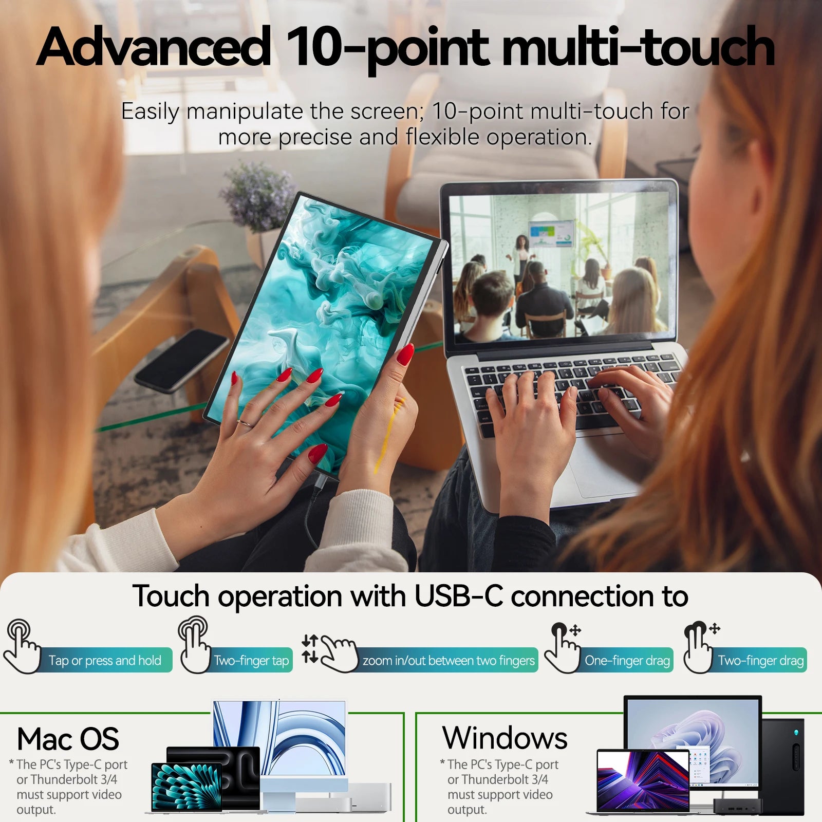Intehill 13.4 Inch 4K Touch Screen Portable Monitor 3840*2400 500nits 100% sRGB U13ZT For XBox PS4/5 Switch Laptop PC Extension