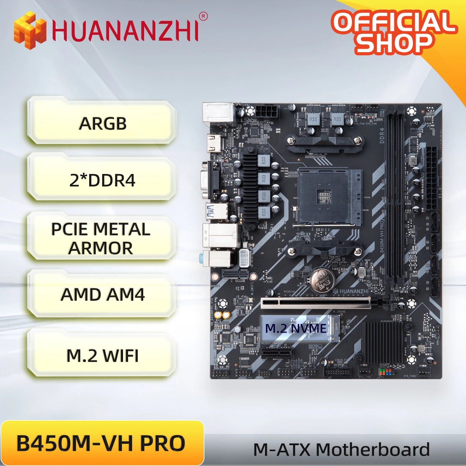 HUANANZHI AMD B450M VH AM4 Motherboard USB3.2 M.2 Nvme Sata3.0 Support Ryzen 5500 5600 5600G CPU M.2 WIFI PCIE 3.0 Micro ATX