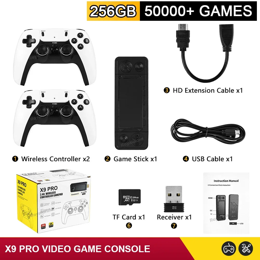 NEW 256G 50000+ Game X9 PRO Game Stick 4KHD Video Game Console 2.4G Double Wireless Controller 50+ Simulator For N64/PSP/PS1/GBA