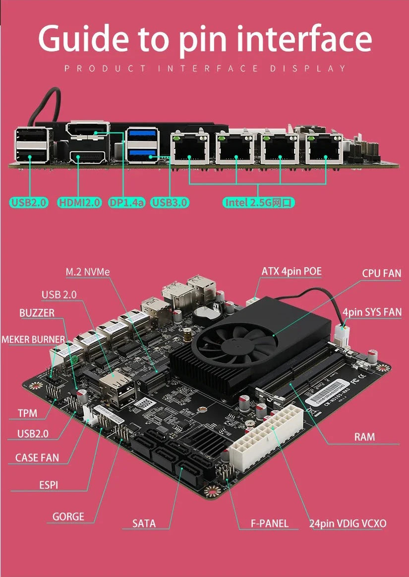 N5105 Industrial Motherboard NAS Motherboards 4 Cores 4 Threads Low Power Processor 4x2.5G i225 Network 2 M.2 Slot 6xSATA DP HD