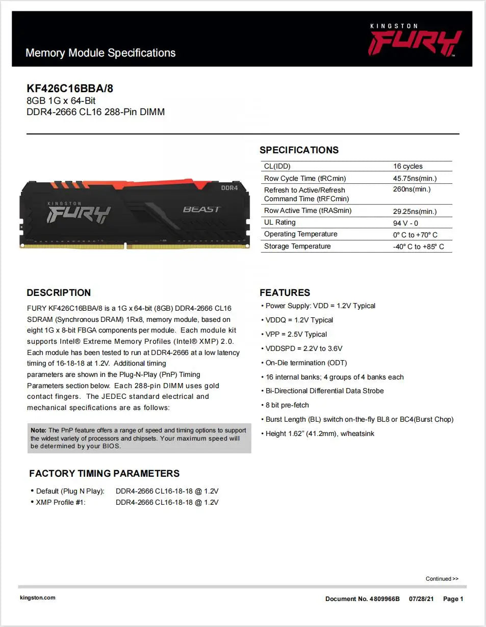Kingston FURY Beast DDR4 RAM RGB 8GB 16GB 32GB 3200MHz 3600MHz Desktop AMD Intel CPU Motherboard Memory RAMs 288 PIN 1.35V