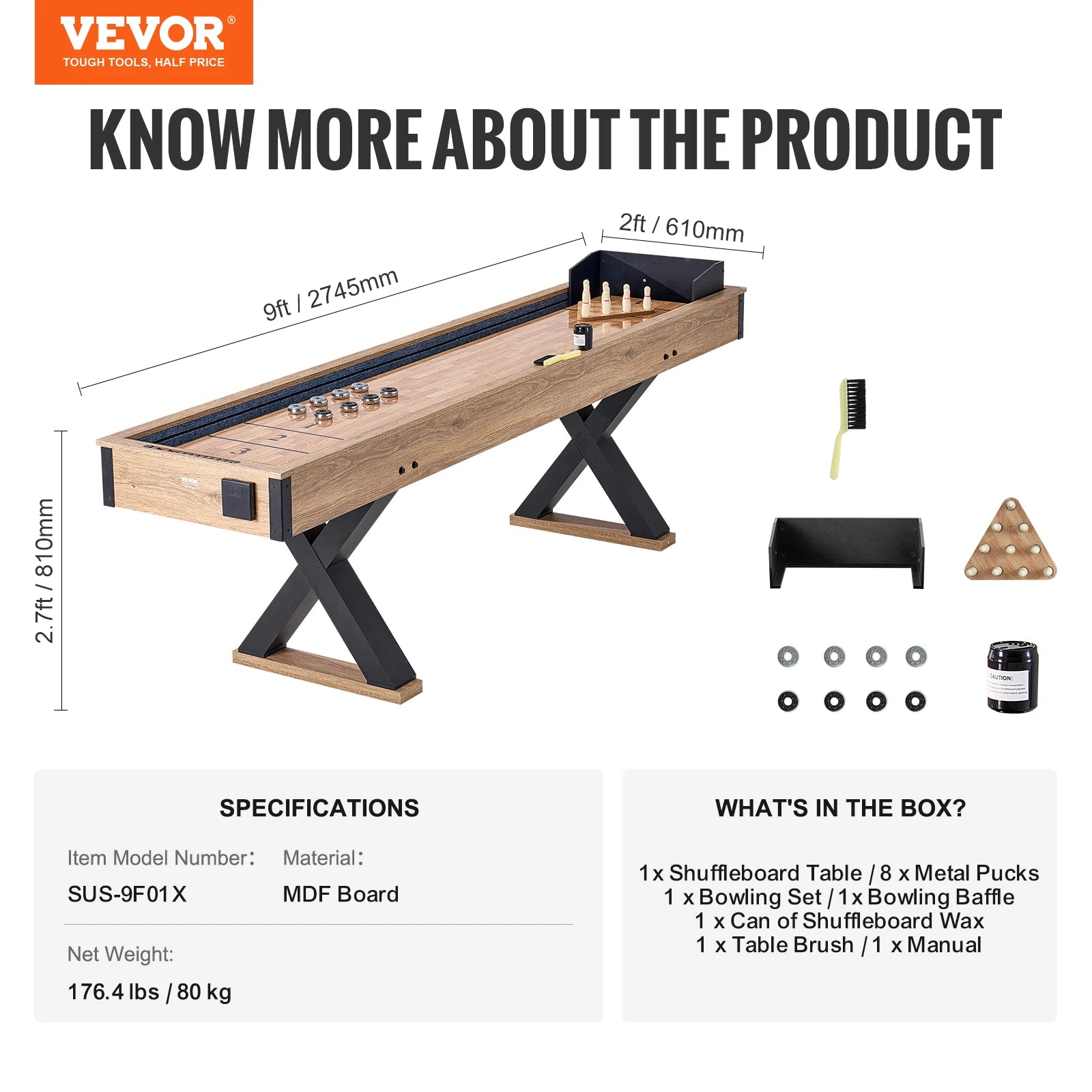 VEVOR Shuffleboard Table Shuffleboard for Family Game Rooms 2 in 1 Shuffleboard and Bowling Combo Game Set with Playfield Legs