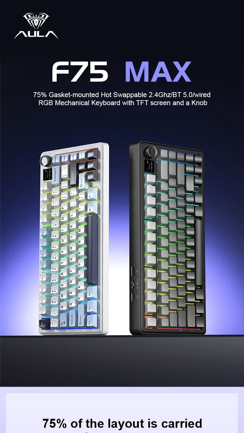AULA F75 MAX Wireless Bluetooth Mechanical Keyboard Wired Hot-Swap RGB Gaming Keyboard Three Mode 75% 81 Keys TFT Screen Gamer