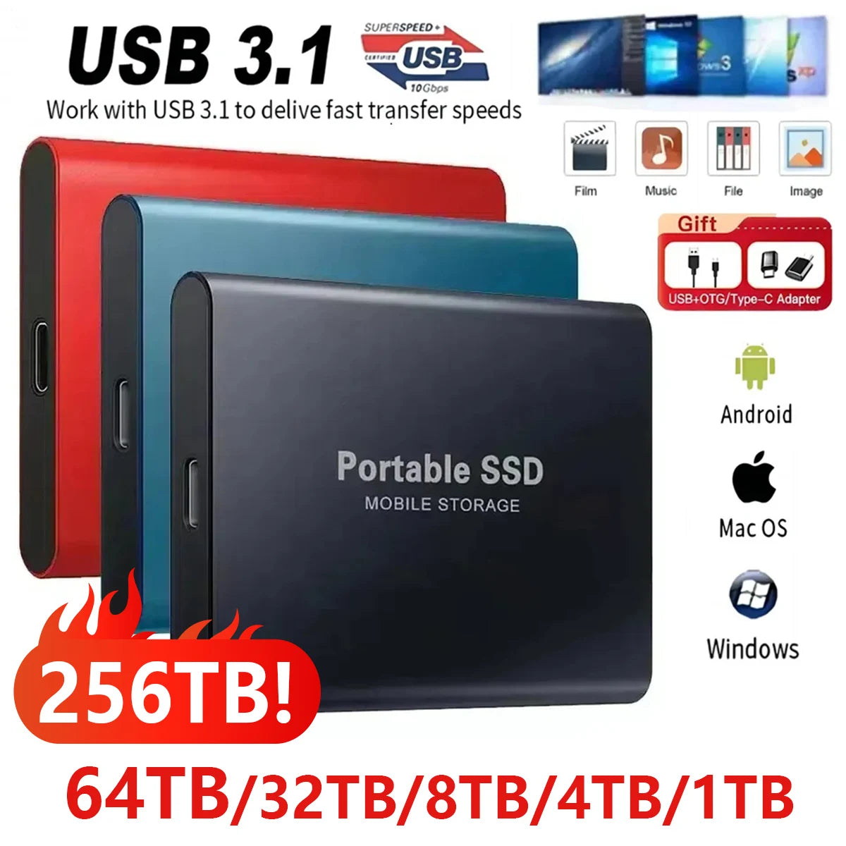 NEW Portable SSD 128TB/256TB/1TB External Hard Drive USB3.1 Solid State Disk High Speed Storage Device  for Phone/Loptop/Mac/PC