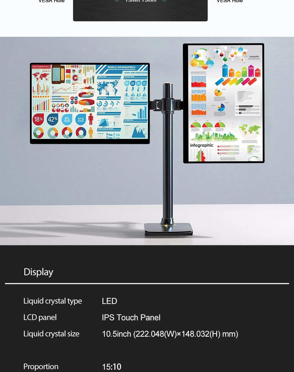 ZEUSLAP 10.5inch 1920*1280P FHD 100% sRGB IPS Screen Display Touch Portable Sub Monitor for Switch,PS5,Raspberry Pi,Laptop