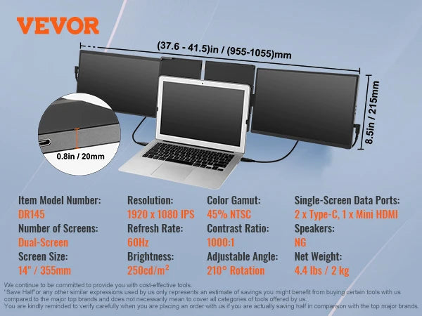 VEVOR 14"/18.5'' 1080P IPS Dual Extended Swivel Portable Monitor for USB-C/USB-A/Mini HDMI Port with Mac/Wins/Android/Switch/PS5
