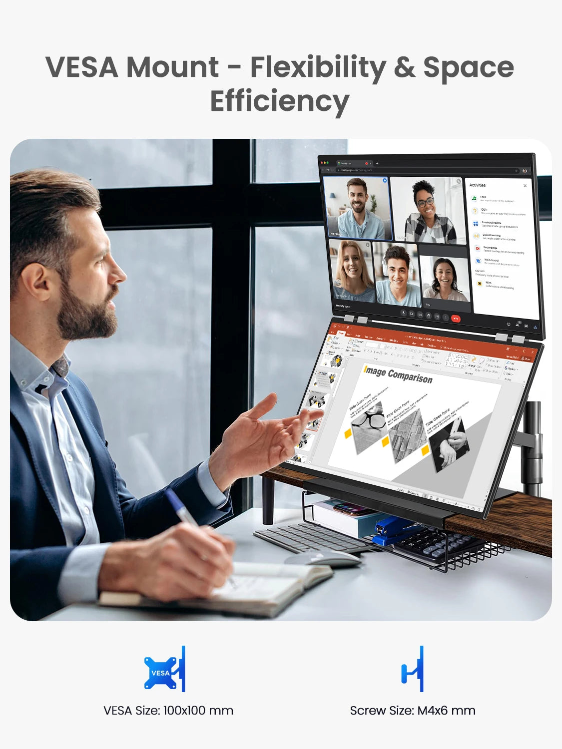 Portable Dual Monitor 23.8" 100Hz FHD 1080P Stacked Vertical Displays for Gaming Coding Working USB-C HDMI Laptop Screen Extende