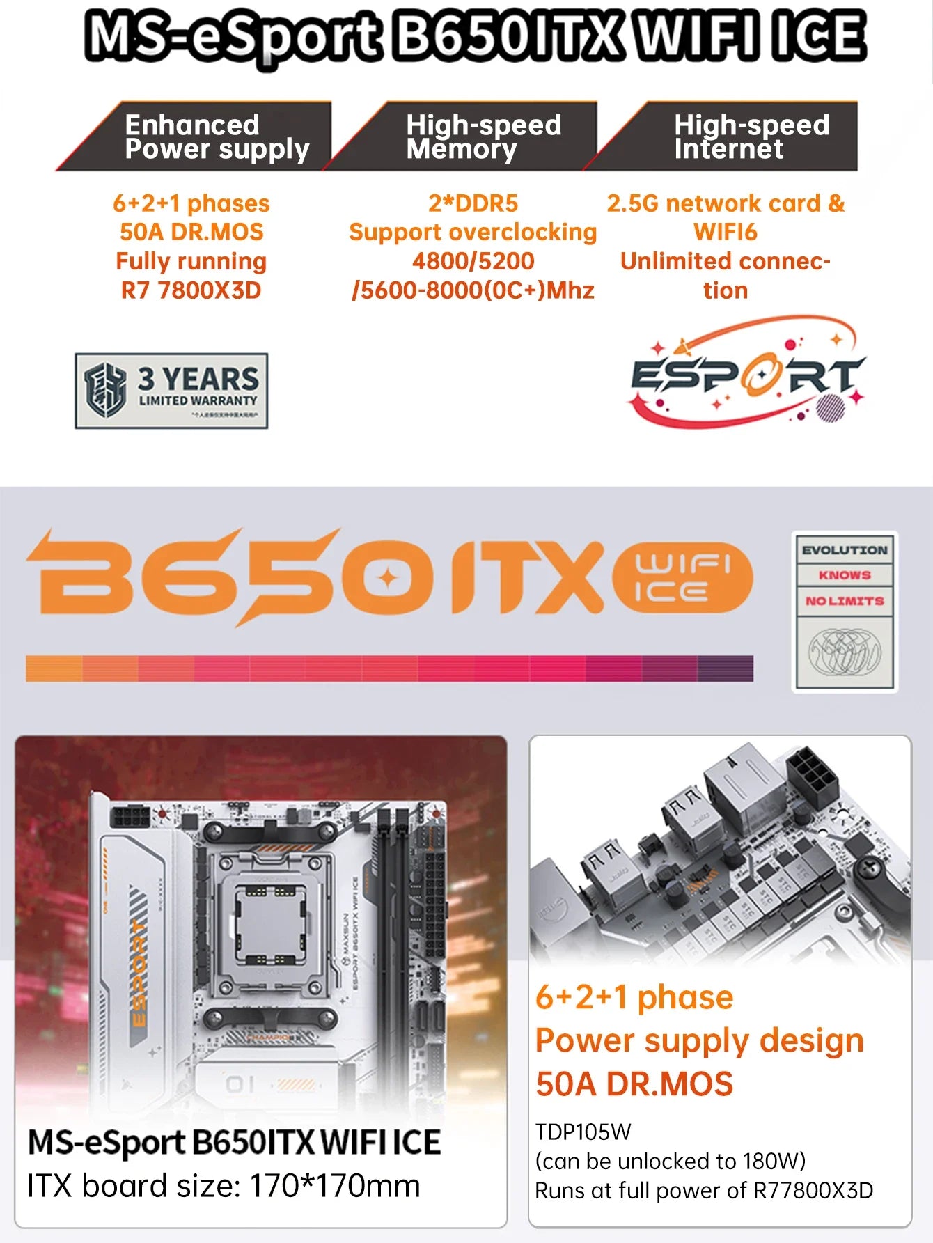 MAXSUN B650M Motherboard ITX AMD Ryzen AM5 DDR5 Supports 4800/5200/5600-8000 (OC+) memory Pcie5.0x16 2*Pcie4.0x4 M.2 ARGB WIFI 6