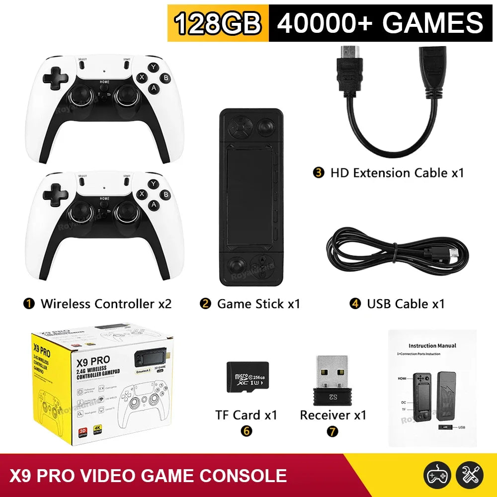 NEW 256G 50000+ Game X9 PRO Game Stick 4KHD Video Game Console 2.4G Double Wireless Controller 50+ Simulator For N64/PSP/PS1/GBA