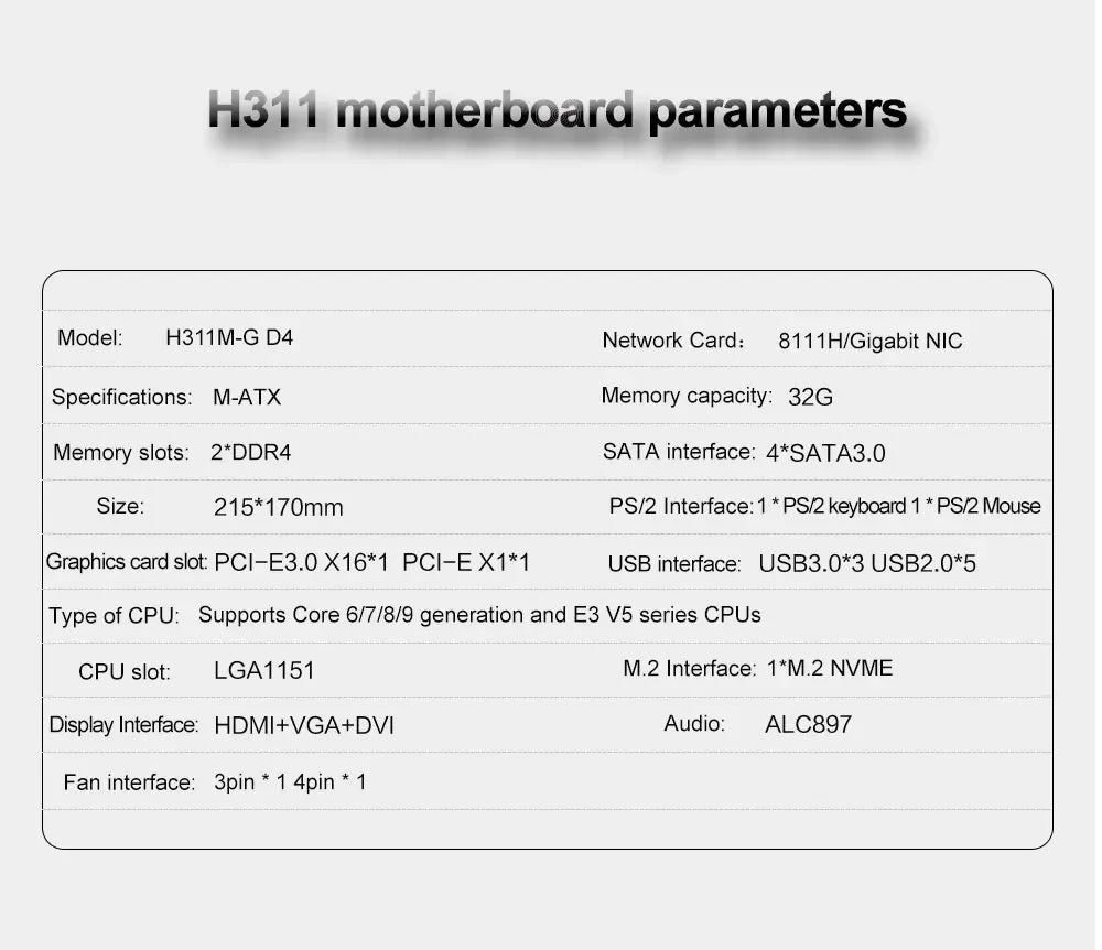 JGINYUE H311 Motherboard LGA 1151 Support Intel Core/Pentium i3/i5/i7 6th/7th/8th/9th E3 V5 CPU DDR4 Memory H311M-G D4