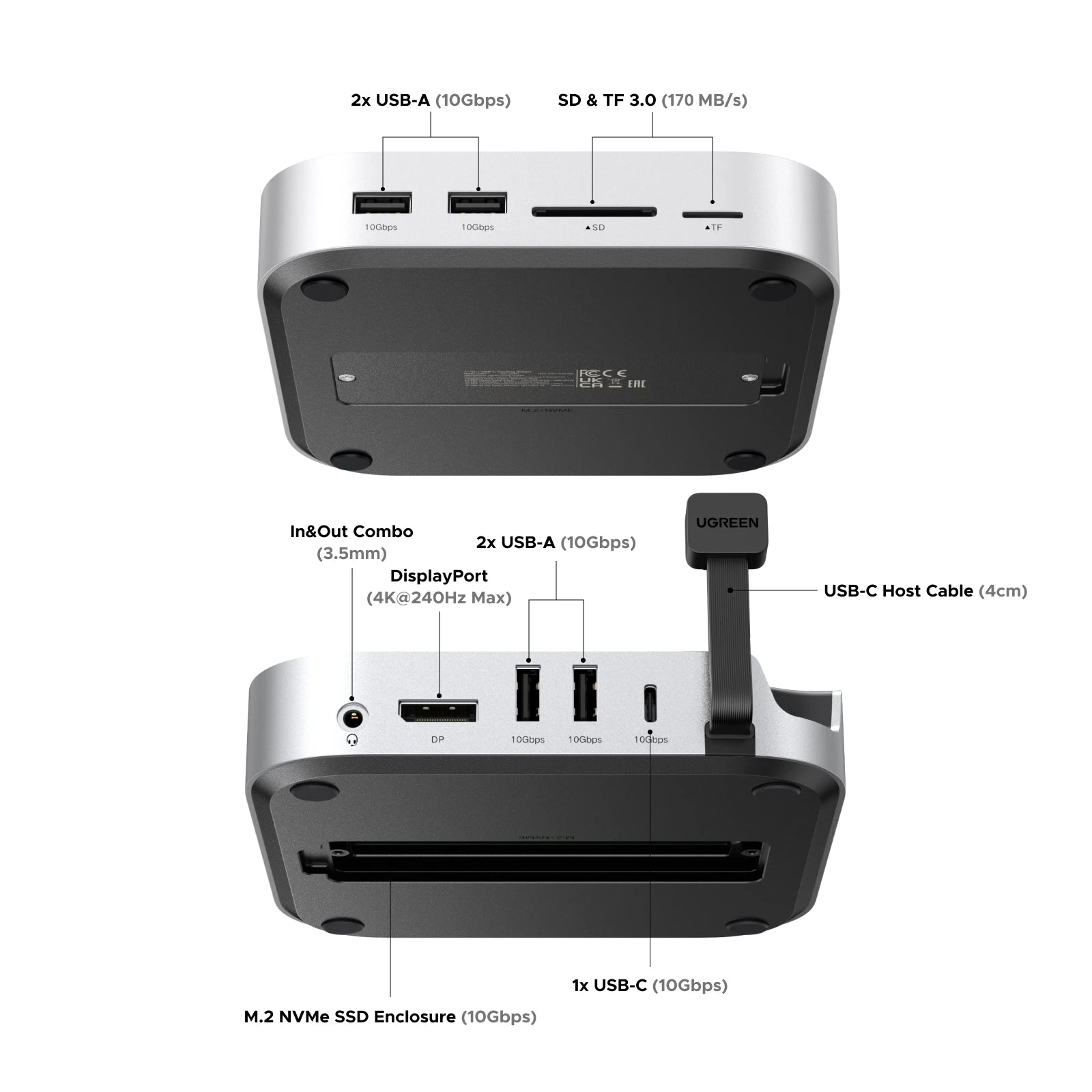 UGREEN Mac Mini Docking Station USB HUB Type-C to DP 4K240Hz M.2 NVMe SSD Slot 10Gbps USB-A Splitter SD&TF 3.5MM for Mac Mini M4