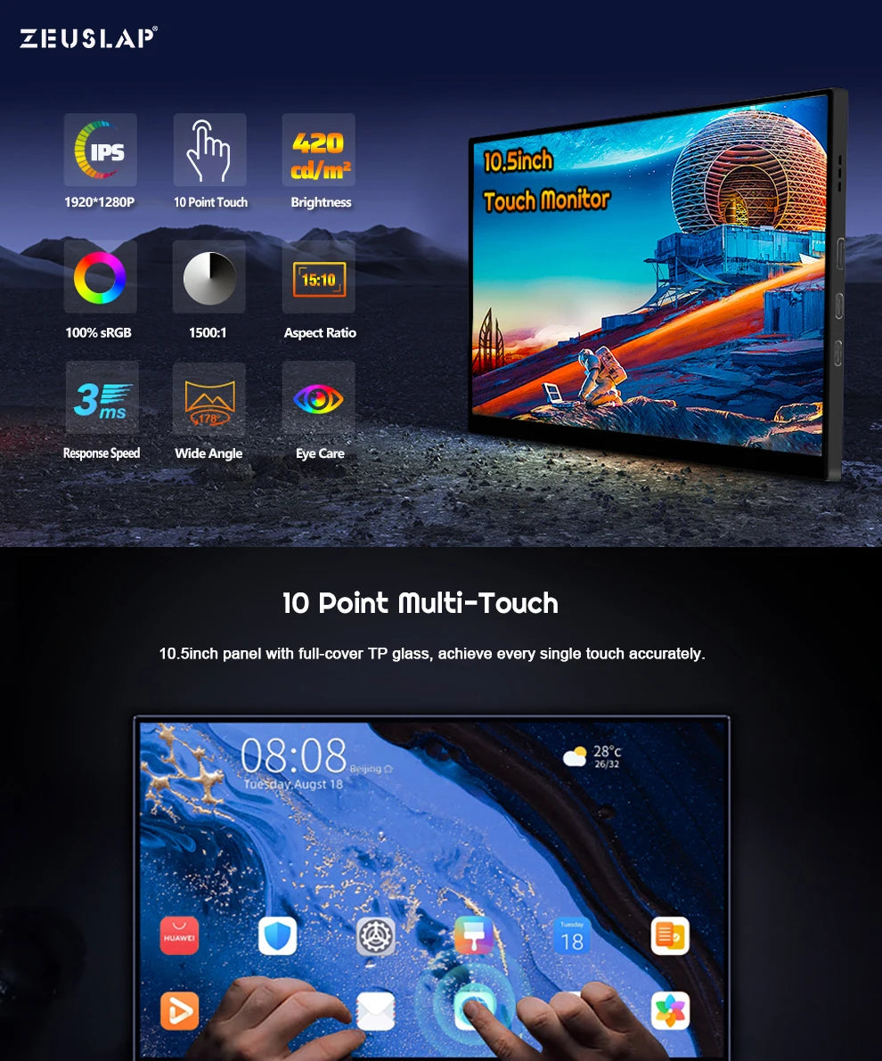 ZEUSLAP 10.5inch 1920*1280P FHD 100% sRGB IPS Screen Display Touch Portable Sub Monitor for Switch,PS5,Raspberry Pi,Laptop