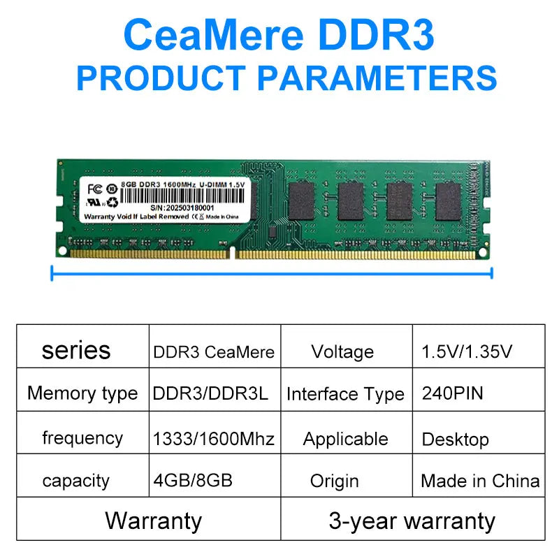 CeaMere DDR3 memoriam 1~50 PCS desktop computer universal memory card, DDR3 4G, 8G 1333Mhz, 1600Mhz, 240pin ram PC RAM wholesale