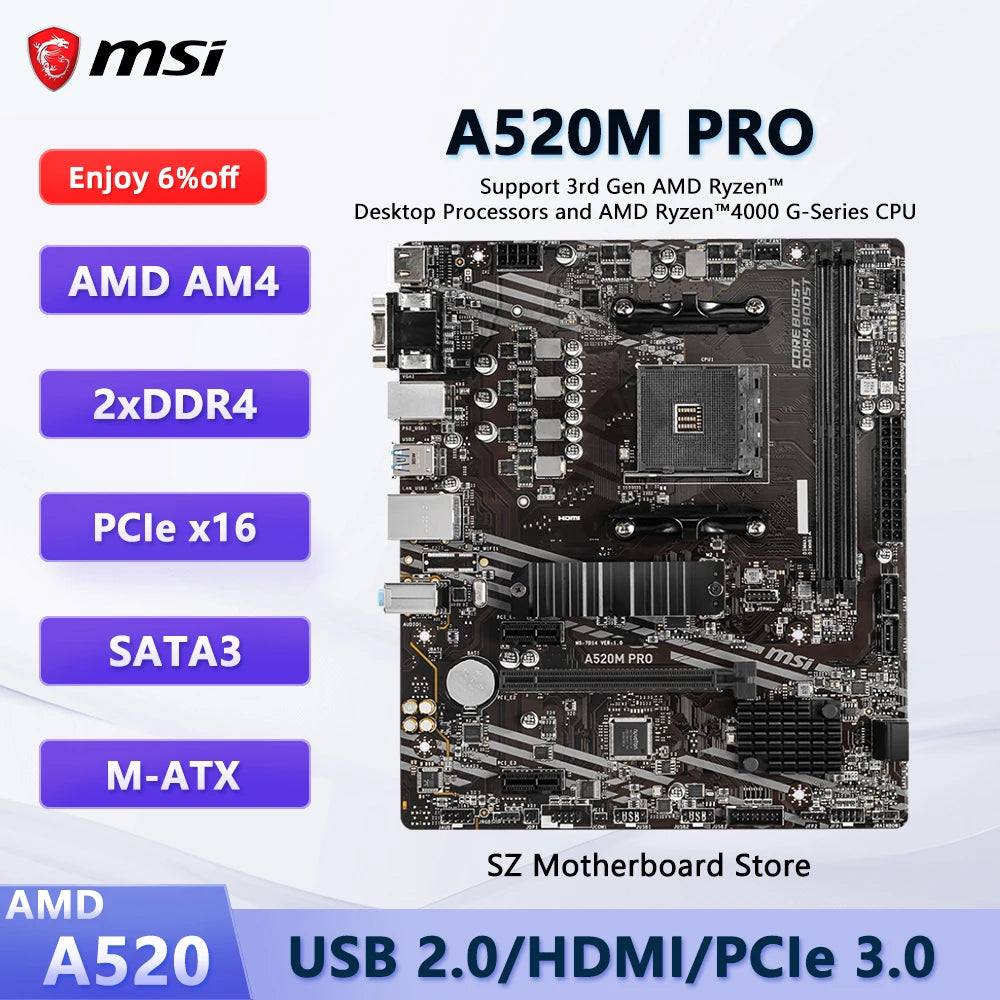 MSI A520M PRO AMD A520 AM4 Gaming Motherboard Support Ryzen 5700X 3400G 5500 5900X CPU DDR4 SATA 6Gb/s M.2 slot M-ATX