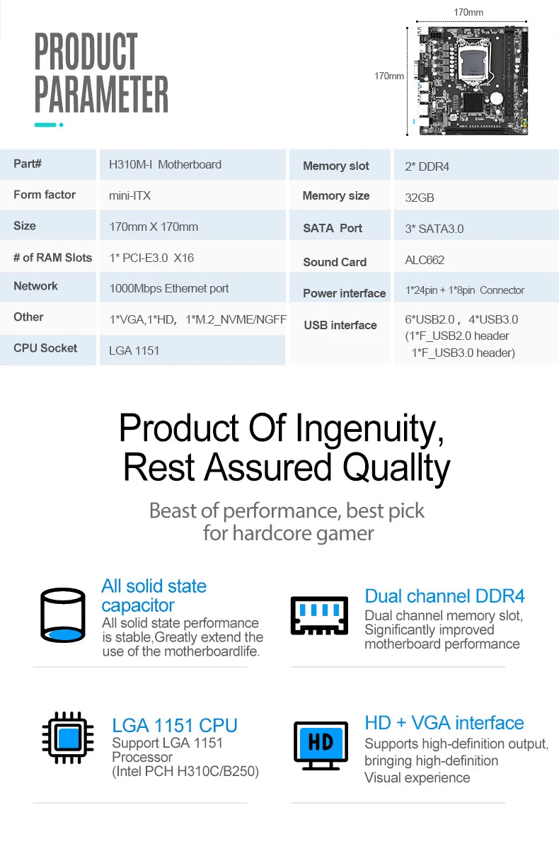 H310M mini-ITX Desktop Motherboard Intel H310 LGA1151 DDR4 For Intel 6/7/8/9 6th/7th/8th/9th generation processor