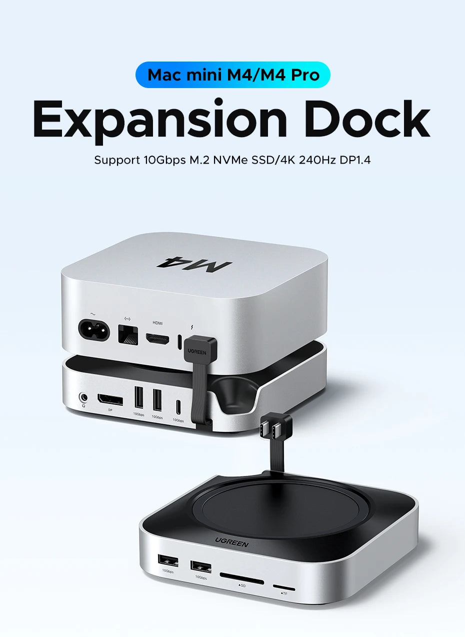 UGREEN Mac Mini Docking Station USB HUB Type-C to DP 4K240Hz M.2 NVMe SSD Slot 10Gbps USB-A Splitter SD&TF 3.5MM for Mac Mini M4