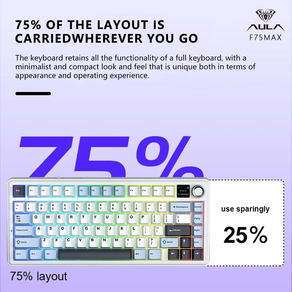 AULA F75 MAX Wireless Bluetooth Mechanical Keyboard Wired Hot-Swap RGB Gaming Keyboard Three Mode 75% 81 Keys TFT Screen Gamer