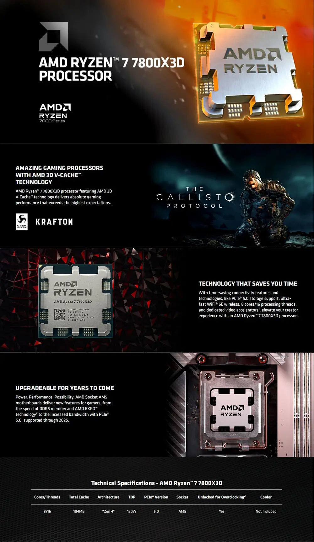 AMD Ryzen 7 7800X3D Gaming Processor AMD R7 7800X3D 8-Core 16-Thread 5NM 104M Game Cache Socket AM5 without Package for PC Gamer