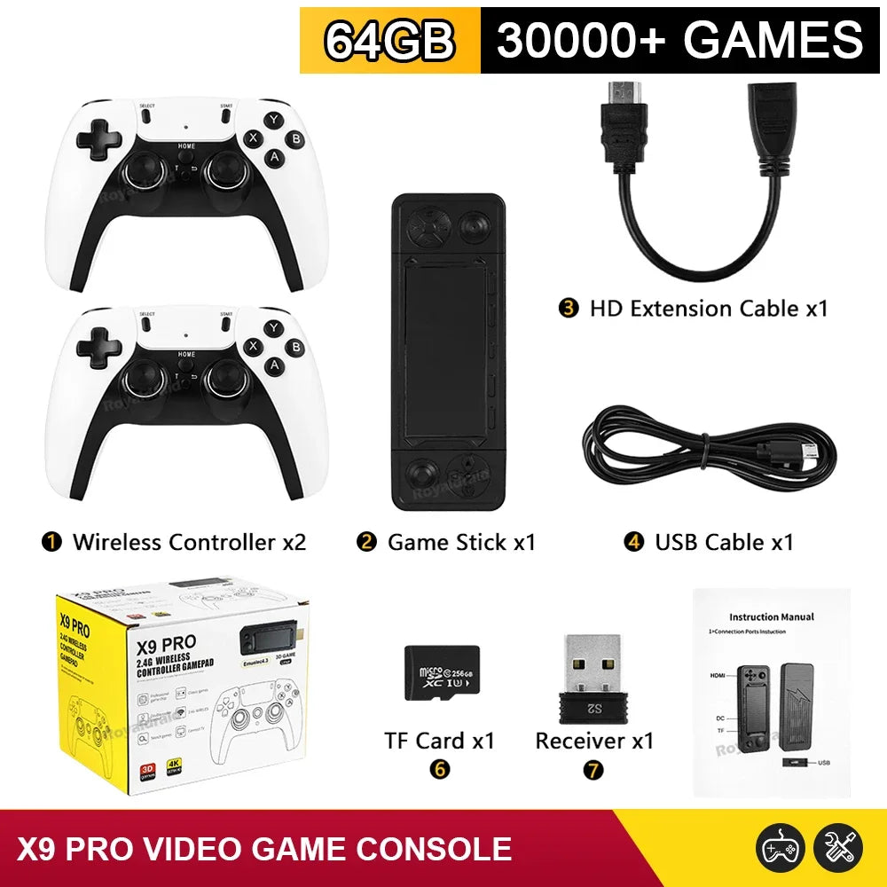 NEW 256G 50000+ Game X9 PRO Game Stick 4KHD Video Game Console 2.4G Double Wireless Controller 50+ Simulator For N64/PSP/PS1/GBA