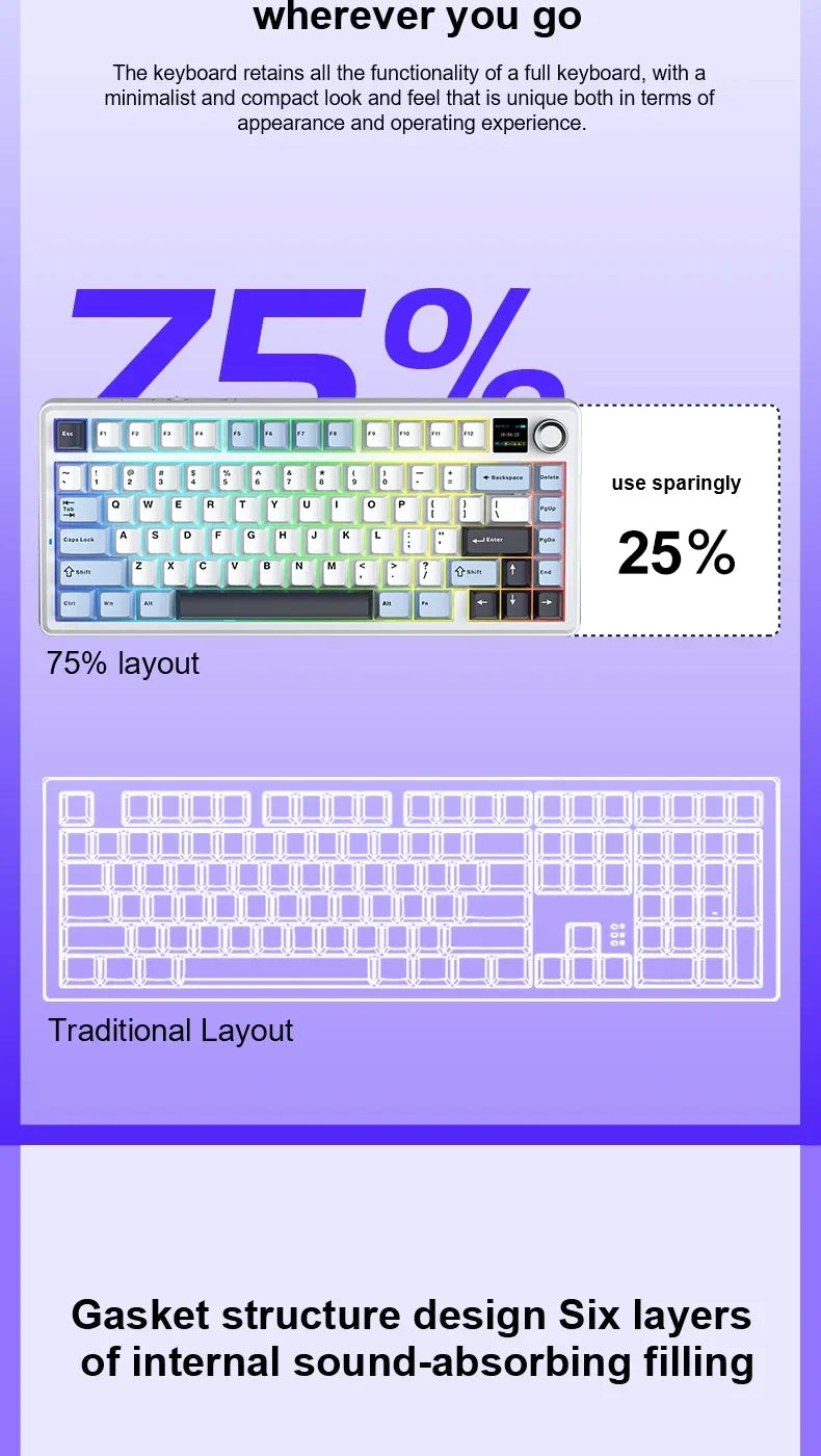 AULA F75 MAX Wireless Bluetooth Mechanical Keyboard Wired Hot-Swap RGB Gaming Keyboard Three Mode 75% 81 Keys TFT Screen Gamer