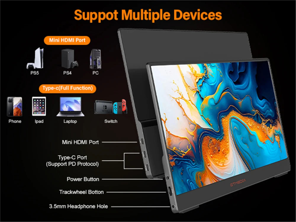 GTMEDIA 14Inch 1920*1080 IPS FHD Portable Monitor Travel Gaming Display Extender Screen for Laptop Phone Switch PS4 PS5 XboX Mac
