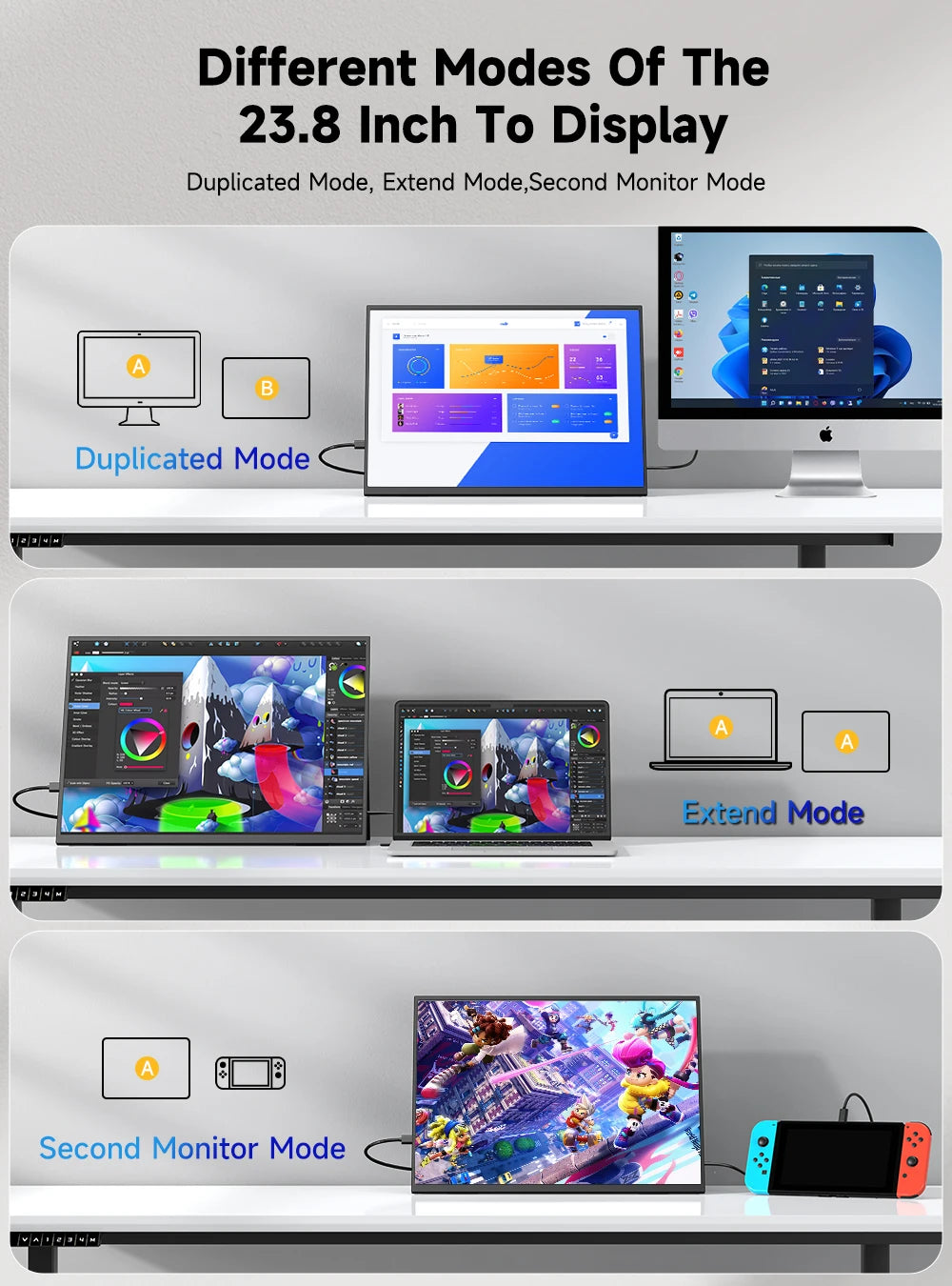 EVICIV 23.8” 4K Portable Monitor UHD 3840*2160 100%sRGB External Gaming Screen Built-in VESA Stand Speakers For Laptop Desktop