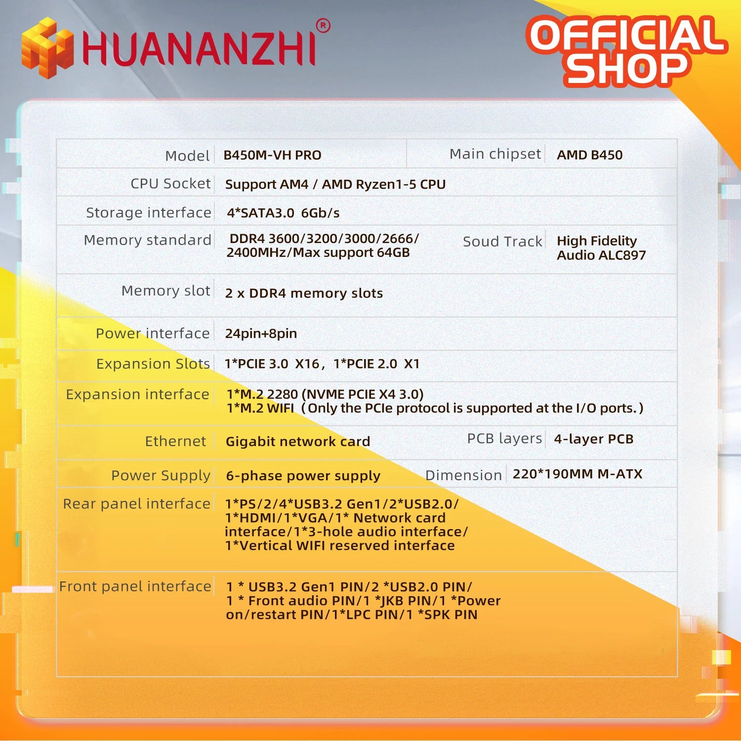 HUANANZHI AMD B450M VH AM4 Motherboard USB3.2 M.2 Nvme Sata3.0 Support Ryzen 5500 5600 5600G CPU M.2 WIFI PCIE 3.0 Micro ATX