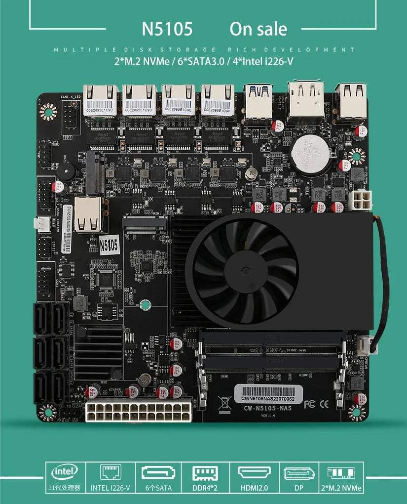 N5105 Industrial Motherboard NAS Motherboards 4 Cores 4 Threads Low Power Processor 4x2.5G i225 Network 2 M.2 Slot 6xSATA DP HD