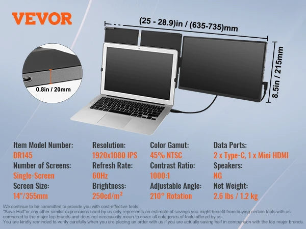 VEVOR 14"/18.5'' 1080P IPS Dual Extended Swivel Portable Monitor for USB-C/USB-A/Mini HDMI Port with Mac/Wins/Android/Switch/PS5