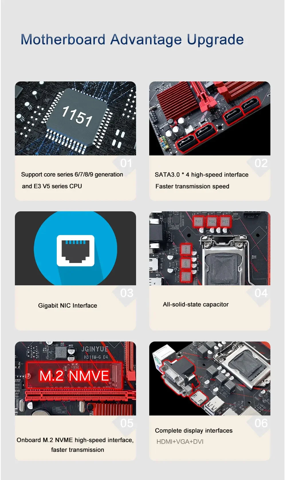 JGINYUE H311 Motherboard LGA 1151 Support Intel Core/Pentium i3/i5/i7 6th/7th/8th/9th E3 V5 CPU DDR4 Memory H311M-G D4