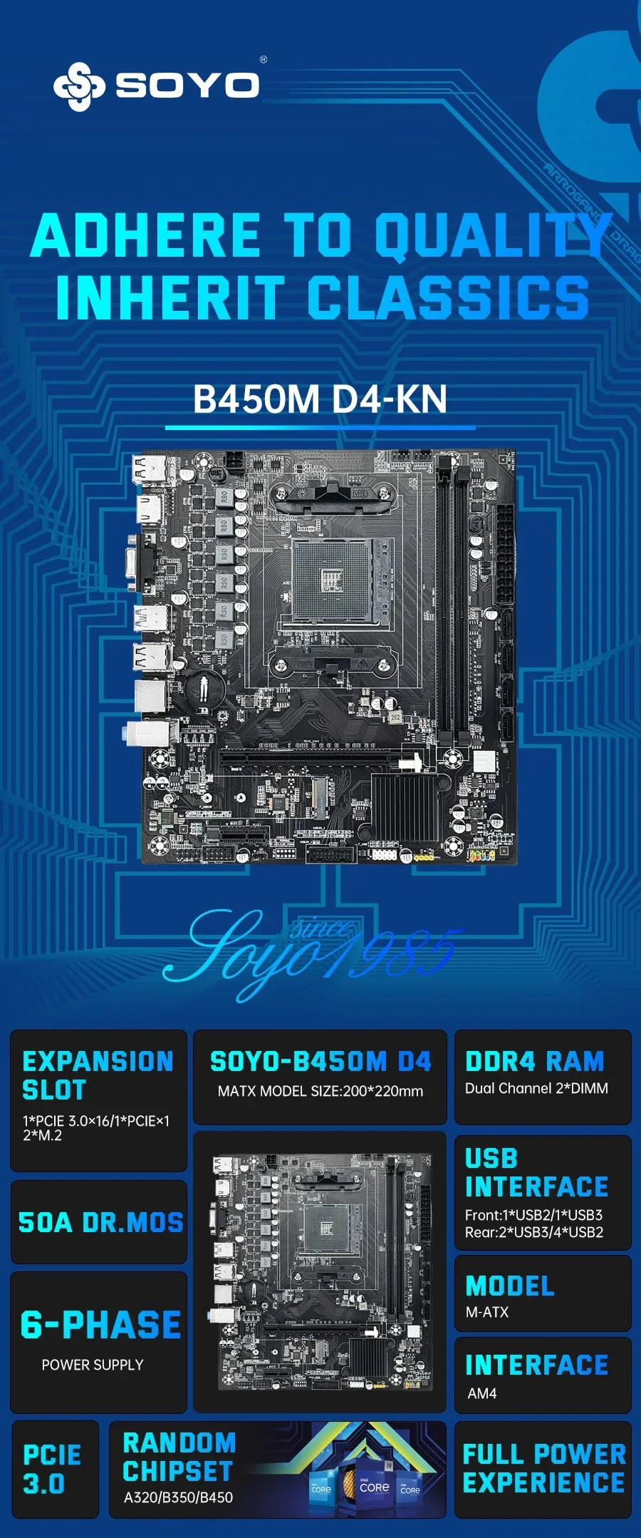 SOYO Motherboard Classic AMD B450M Dual-channel DDR4 Memory AM4 Mainboard M.2 NVME (Supports Ryzen 5500 5600 5600G CPU) Full New