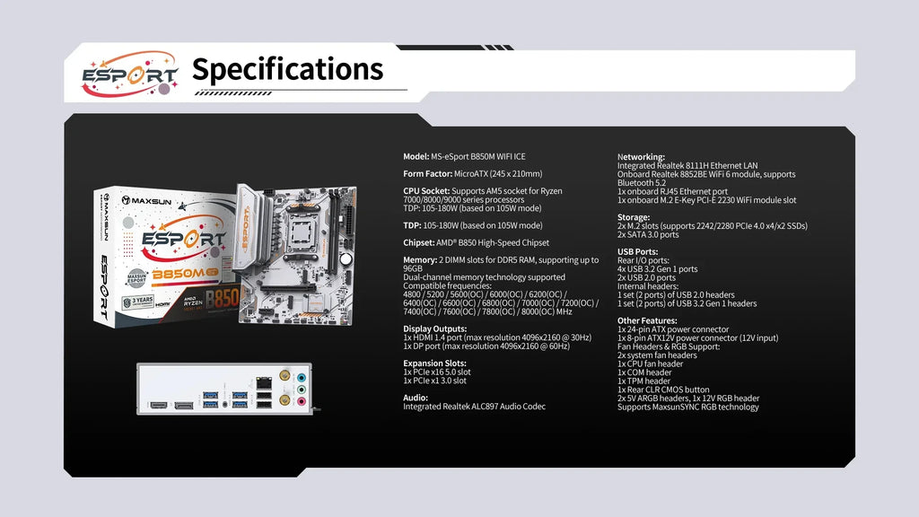 MAXSUN eSport B850M WIFI ICE Motherboard AMD Ryzen AM5 B850M Supports Ryzen7000 Ryzen8000 Ryzen9000 WIFI6 Computer components