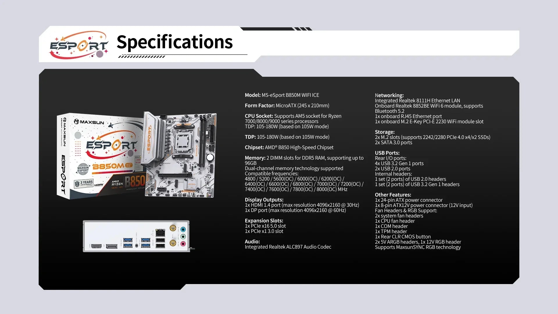 MAXSUN eSport B850M WIFI ICE Motherboard AMD Ryzen AM5 B850M Supports Ryzen7000 Ryzen8000 Ryzen9000 WIFI6 Computer components