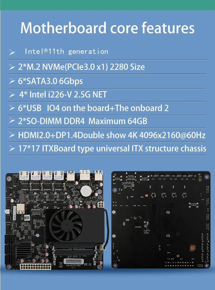 N5105 Industrial Motherboard NAS Motherboards 4 Cores 4 Threads Low Power Processor 4x2.5G i225 Network 2 M.2 Slot 6xSATA DP HD