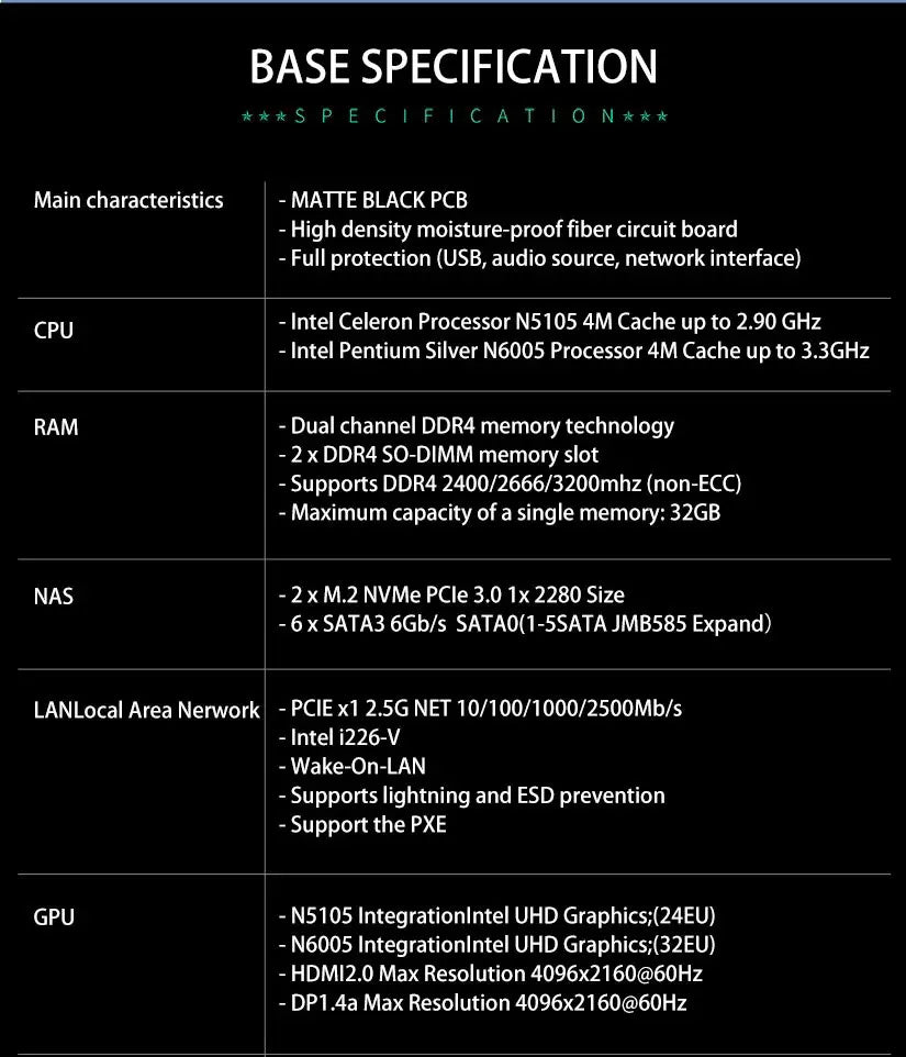 N5105 Industrial Motherboard NAS Motherboards 4 Cores 4 Threads Low Power Processor 4x2.5G i225 Network 2 M.2 Slot 6xSATA DP HD