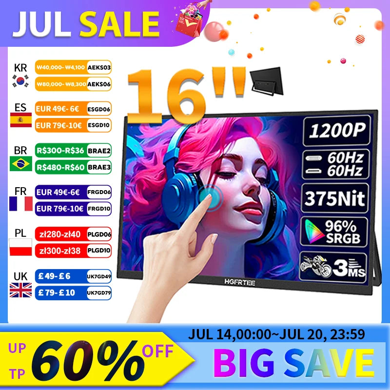 HGFRTEE 16inch Touch Portable Monitor 16:10 96%sRGB 350Cd/m² Second Screen For Laptop With Holder Stand Type-C HDMI-Compatible