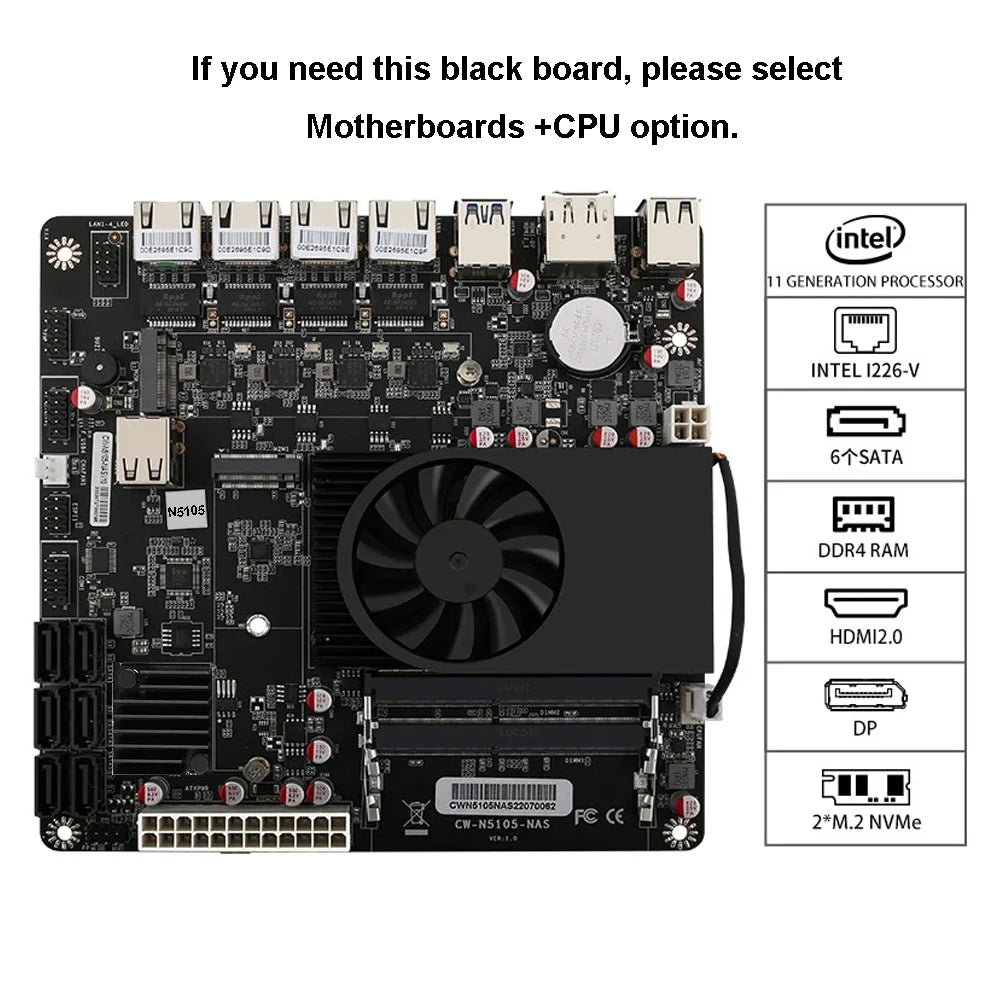 N5105 Industrial Motherboard NAS Motherboards 4 Cores 4 Threads Low Power Processor 4x2.5G i225 Network 2 M.2 Slot 6xSATA DP HD