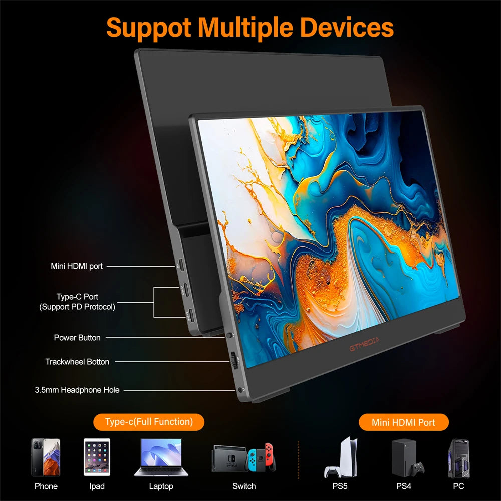 GTMEDIA 14Inch 1920*1080 IPS FHD Portable Monitor Travel Gaming Display Extender Screen for Laptop Phone Switch PS4 PS5 XboX Mac